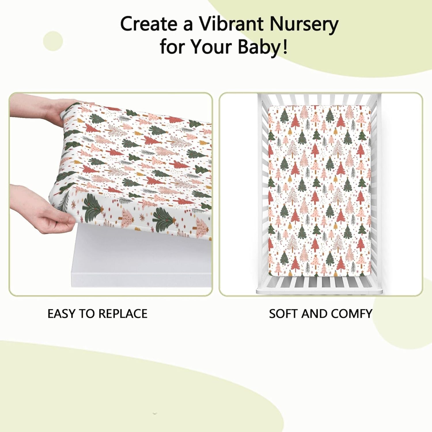 Christmas Fitted Crib Sheet - Holiday Winter Cartoon Christmas Tree Pattern, Standard Mattress Sheet for Toddler Bed, 28" x 52", Multicolor