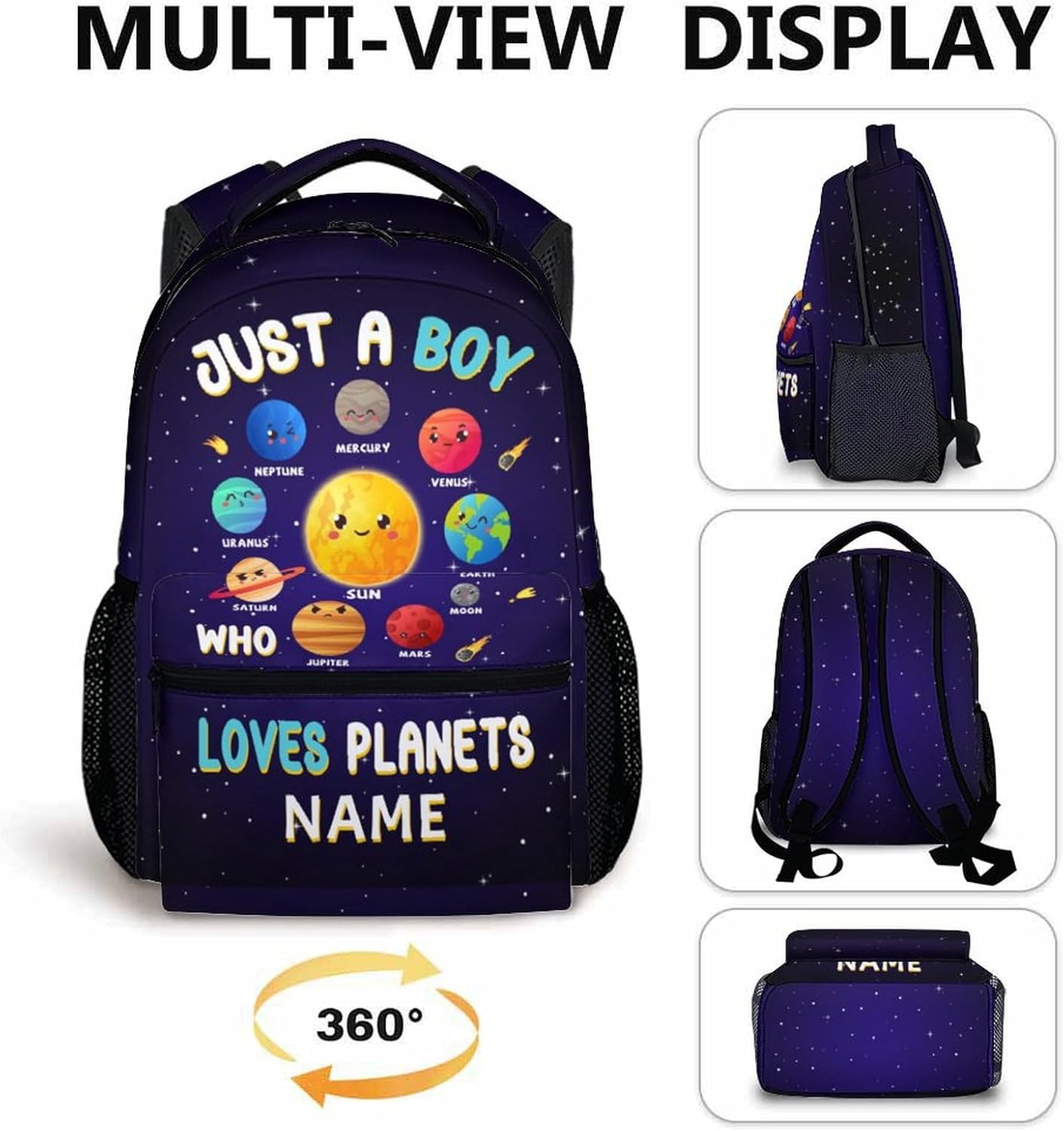 Personalized Boys Backpack for School, 17" Cute Planet Backpack for Kids, Custom Black Large Capacity Solar System Lightweight Bookbag for Preschool Student