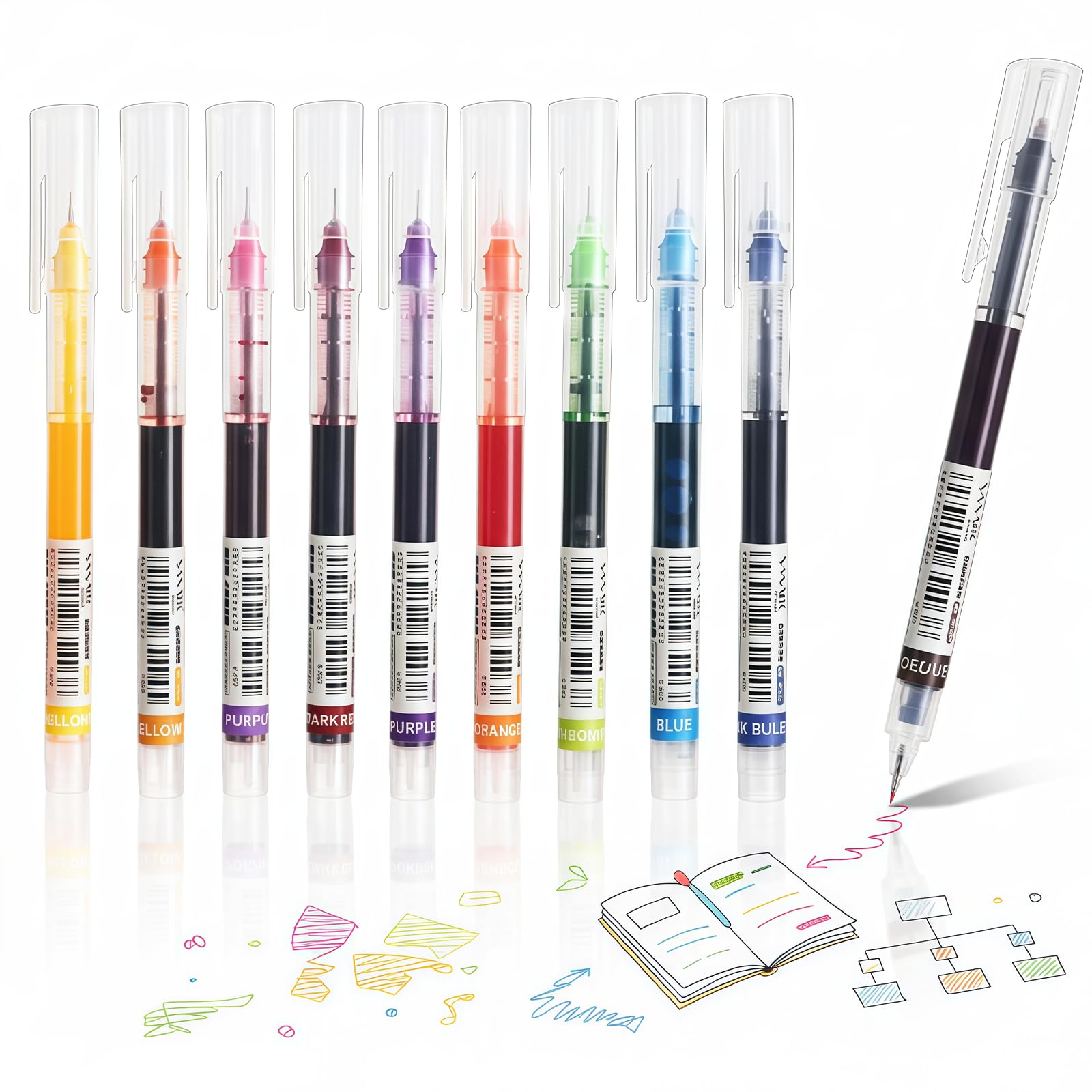 – 10 Pcs Coloured Pens, Pens Multicolour with 0.5mm Extra Fine Needle Tip, Liquid Ink Rollerball for Writing and Revision, Premium Student and Office Stationery Pack