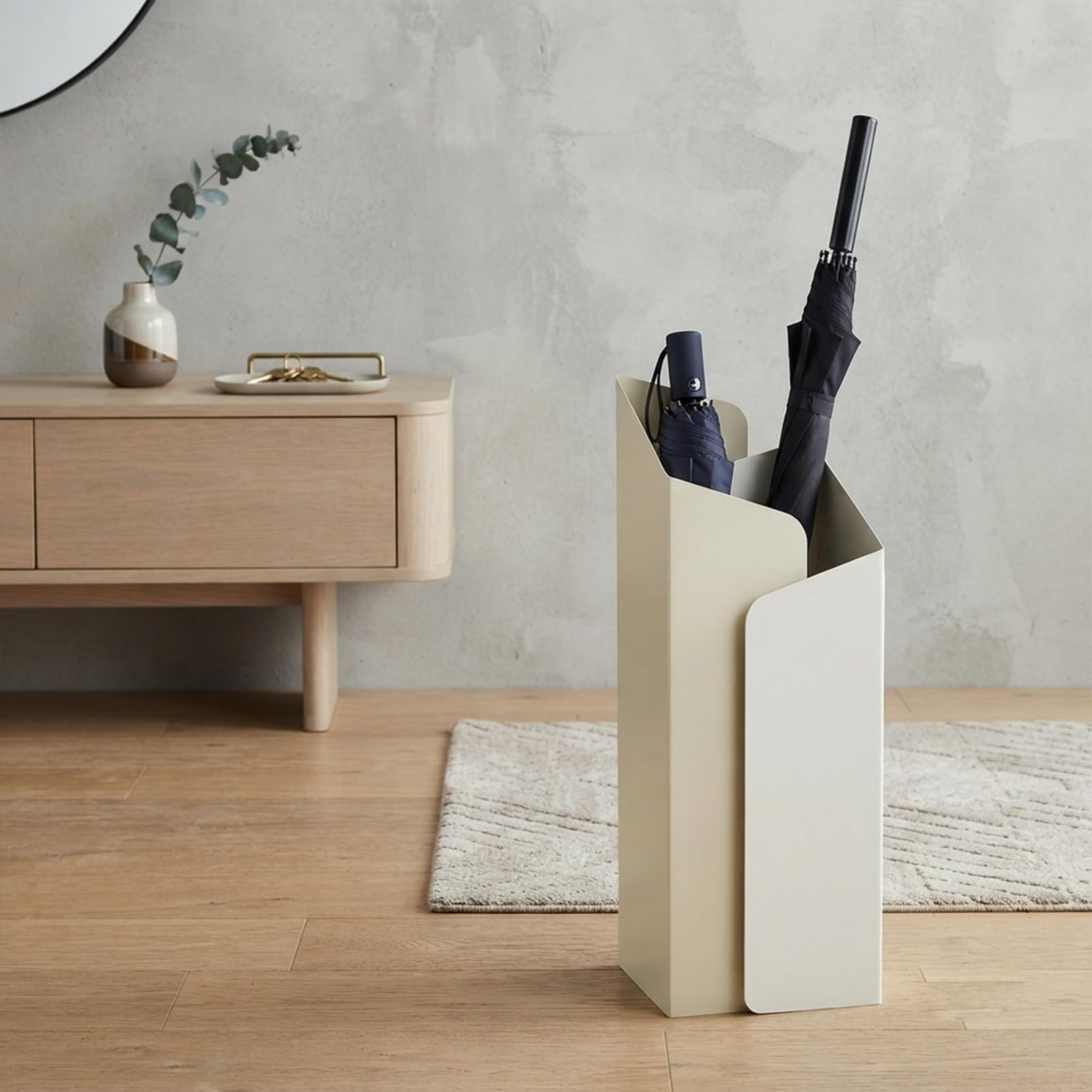 Portaombrelli Artistico Color-Block, Supporto in Metallo da Interno | Portaombrelli Moderno E Scultoreo Dalle Forme Geometriche Con Vaschetta Raccogligocce, Per L'ingresso(Ivory+Off-white)
