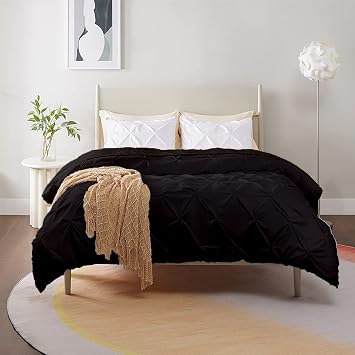 Precious Star Linen Decorative Pinch Pleated Pintuck Duvet Cover Set Full/Queen 90x90 Inch with Zipper & Corner Ties, 800-TC 100% Cotton Soft & Cozy 1-Piece Duvet Cover, Black