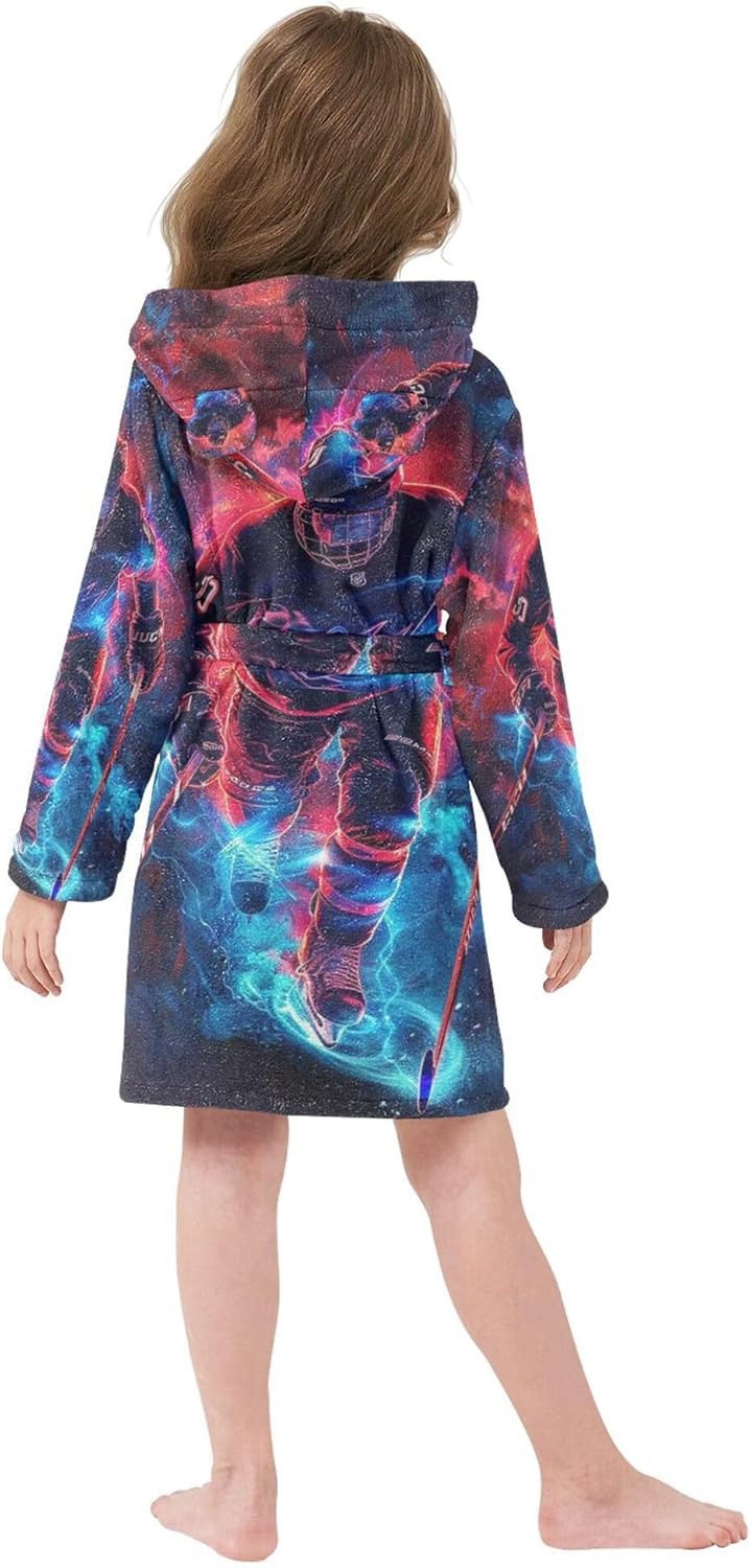 Hockey Lightning Bathrobe Hooded PJ Robe Soft Fleece Robe Pajama Sleepwears 2-12 Years