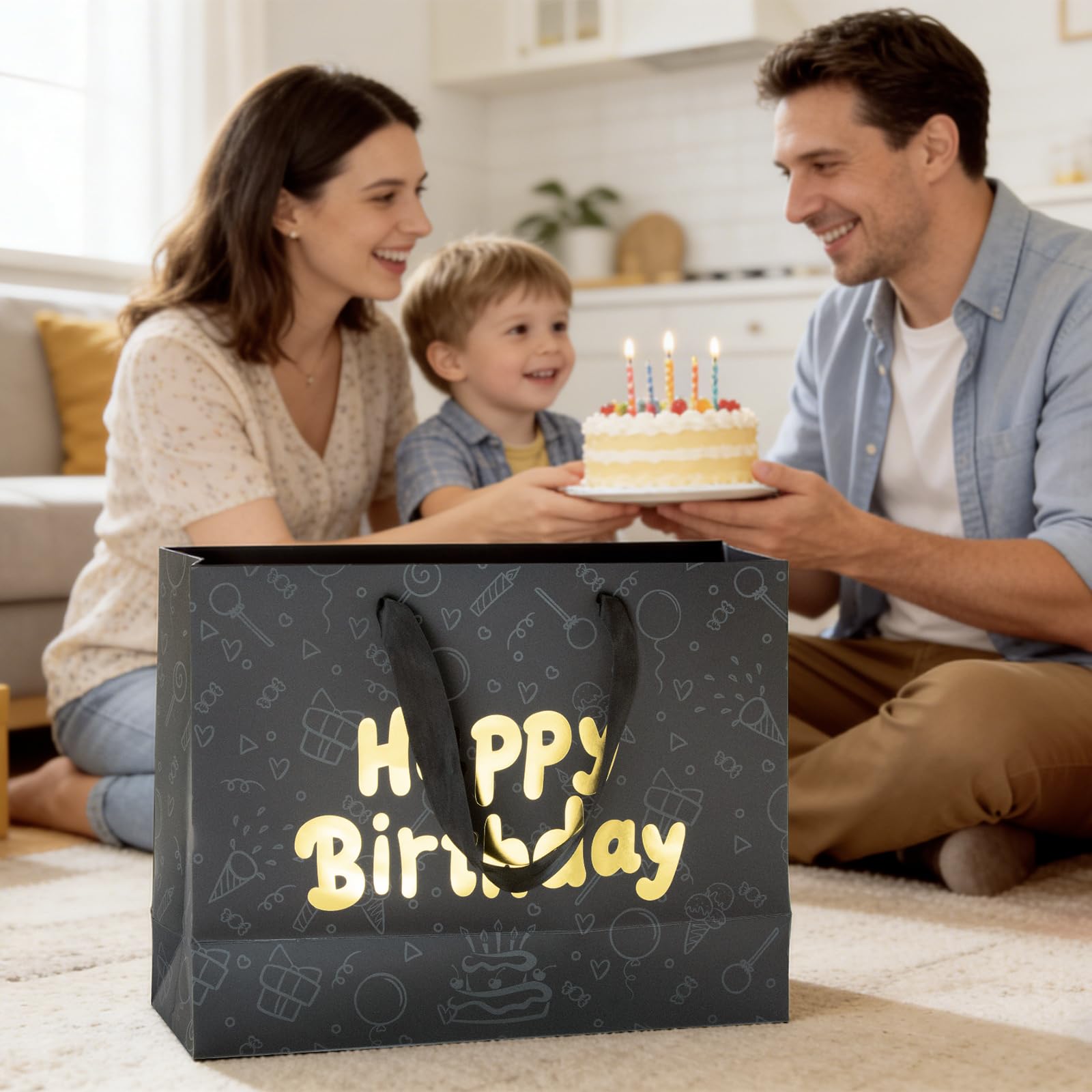 FOREVER 7 STAR Black Happy Birthday Gift Bag With Handles Tissue Papers and Greeting Card,13 Inch Medium Size for Birthday Perfect for Men,Dad,Boy