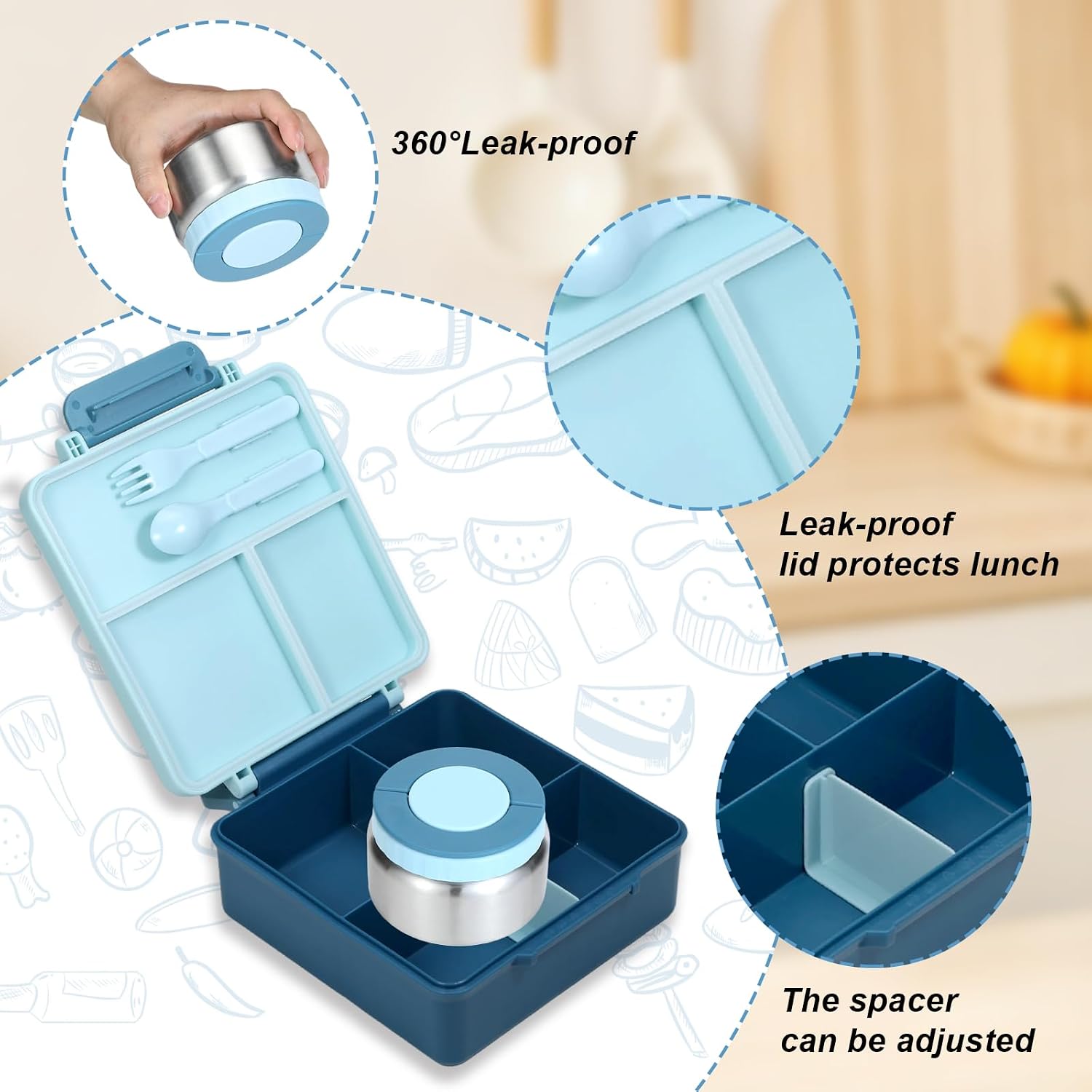 Bento Lunch Box with Insulated Stainless Steel Food Jar, 1650ML Leakproof 4-Compartment Meal Prep Container with Utensils, Portable Lunch Container Work Lunch Box for Travel