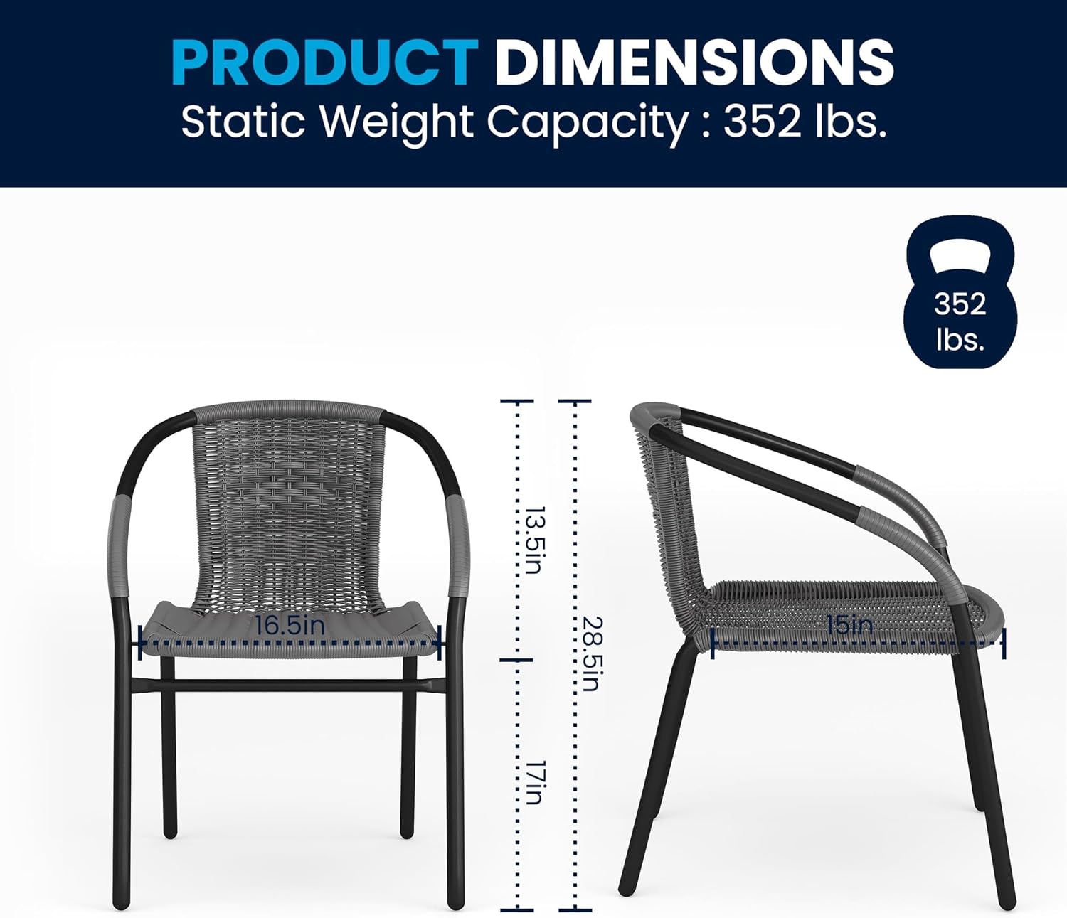 BOWERY HILL 2 Piece Round Patio Dining Set, Black and Gray Finish, Glass Top Table, Rattan Seat and Back Chairs, Lightweight Indoor Outdoor Use, Commercial or Residential Dining