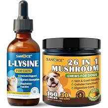 L-Lysine for Cats Immune Support, Feline Respiratory, Turkey Tail Mushroom Chews for Dogs, Hip & Joint, Gut, Skin