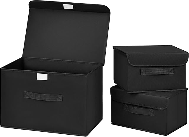 DIMJ 3 Pack Foldable Storage Boxes with Lids, Collapsible Storage Bin with Handle, Fabric Storage Basket Organiser Box for Wardrobe, Closet, Shelf, Office (Black)