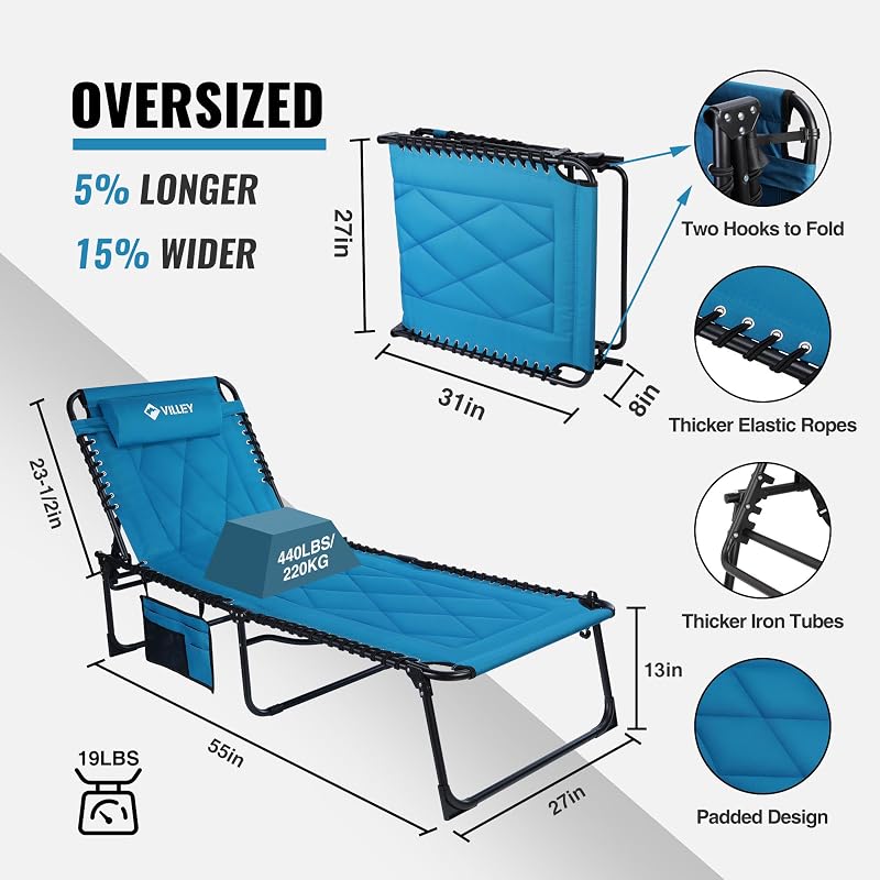 VILLEY Oversized Padded Chaise Lounge with Cushion, Foldable Recliner image 3