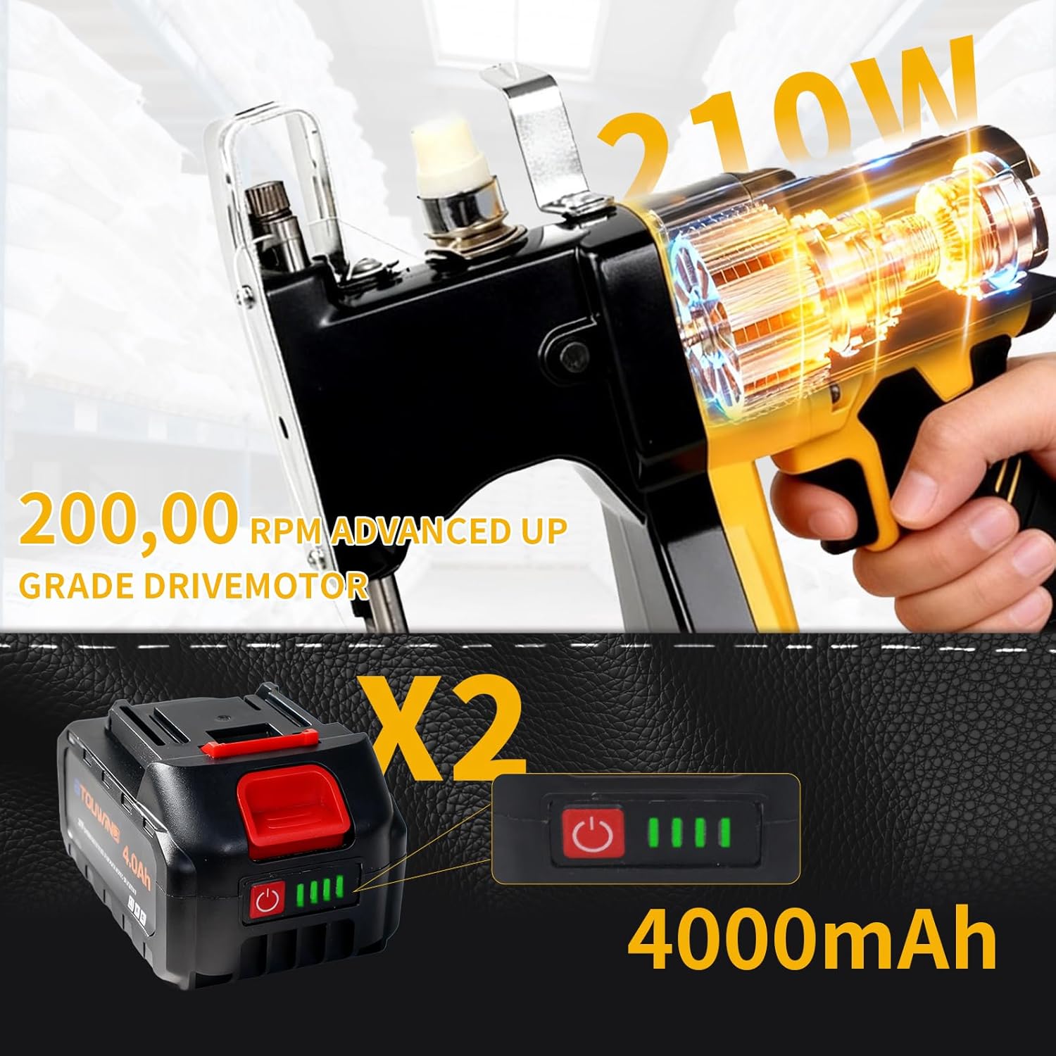 Cordless Bag Sewing Machine Includes 2×4000mAh Rechargeable Batteries,Take 2 Spools of Thread And 10 Needles,Portable Bag Closer Machine for Burlap Bag,Tote Bag,Grain Bag