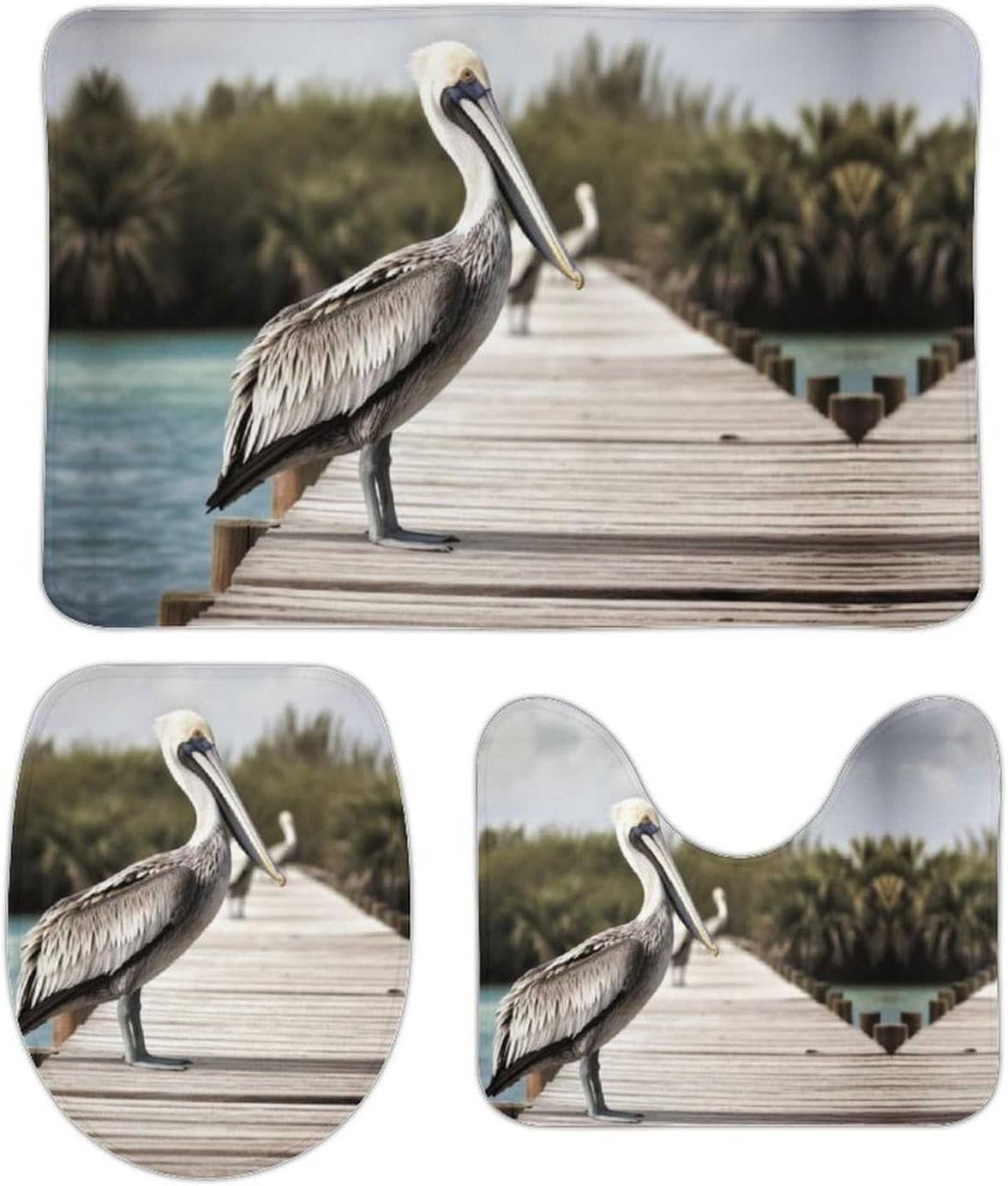 Anti-Skid Floor Mats 3 Piece Set,Pelican On Wood Bridge Printed Coral Fleece Bathroom Mats U-Shaped Contour Mat Toilet Seat Cover for Bathroom, Tub, Shower, Kitchen 19.7"x31.5"