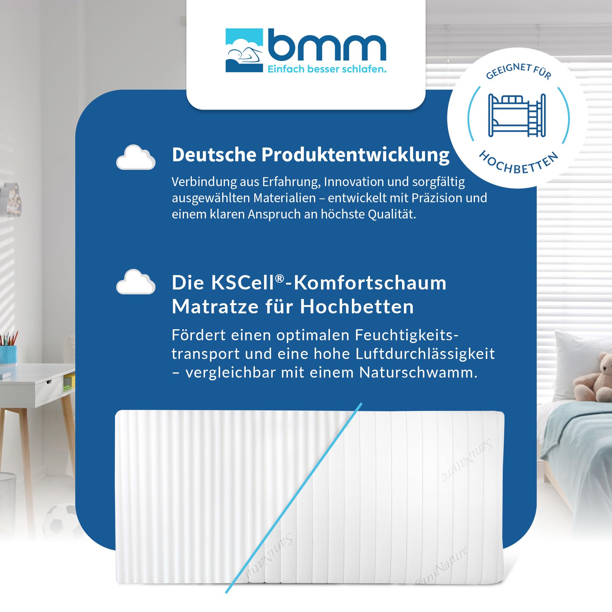 BMM Hochbett Kindermatratze UpMat 90x200 cm H2 14 cm Kaltschaummatratze | Speziell für Hochbetten entwickelt – mit 14 cm Höhe, Kinder-Profilschnitt und hygienischem SaniNature-Bezug.