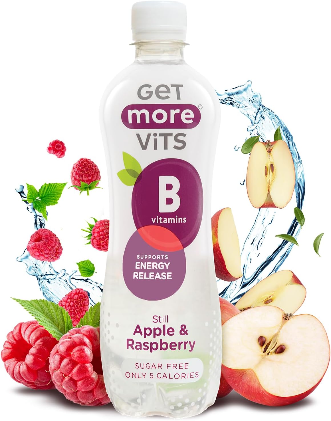 Get More Vits - B Vitamins Still Apple & Raspberry Flavoured Spring Water (12 x 500ml), Supports Energy Release, Tackle Tiredness & Fatigue, Natural Flavours, Sugar Free, Low Calorie, Vegan