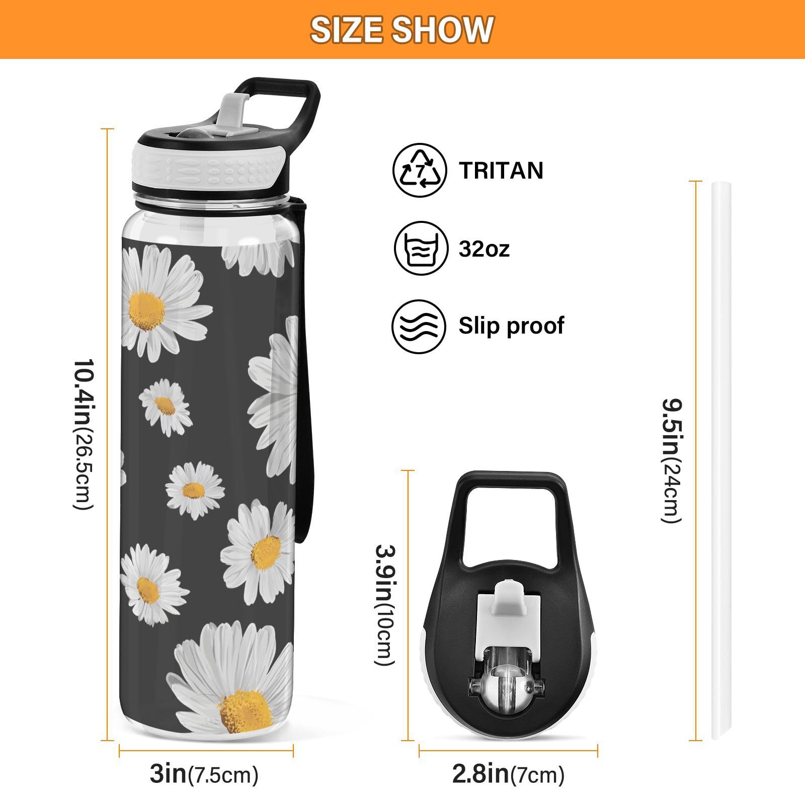 ALAZA Sport-Wasserflasche mit Gänseblümchen-Motiv, schwarzer Hintergrund, mit Strohhalm-Deckel, 900 ml, transparent, BPA-frei, Tritan-Kunststoff, auslaufsichere Krüge, großer Klappverschluss für