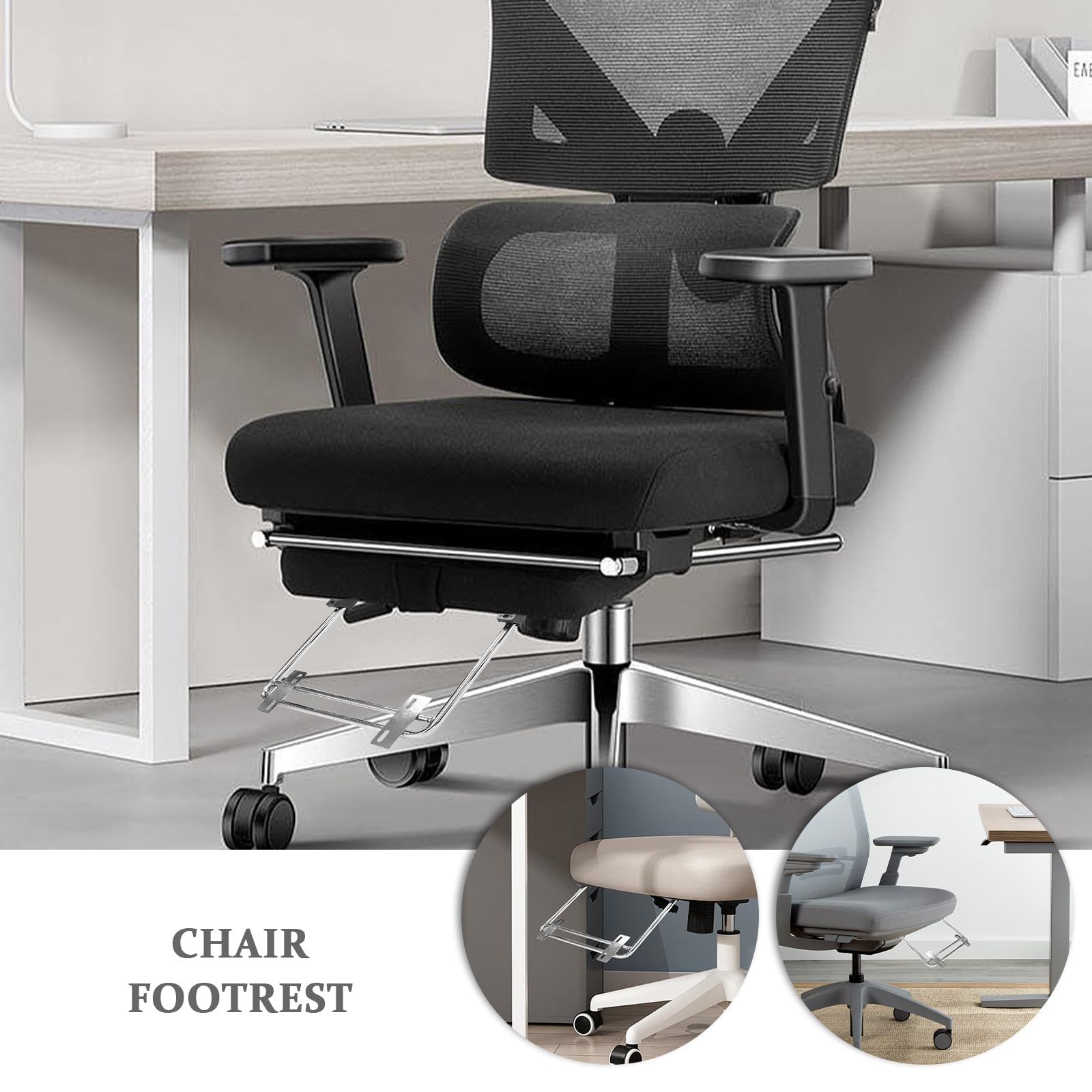 VILLCASE 2 Piezas Reposapiés para Silla de Oficina Soporte para Reposapiés de Silla de Oficina Hierro Plata Extensible 37,5cm Giratorio Instalación Fácil Confort Ergonómico en Casa
