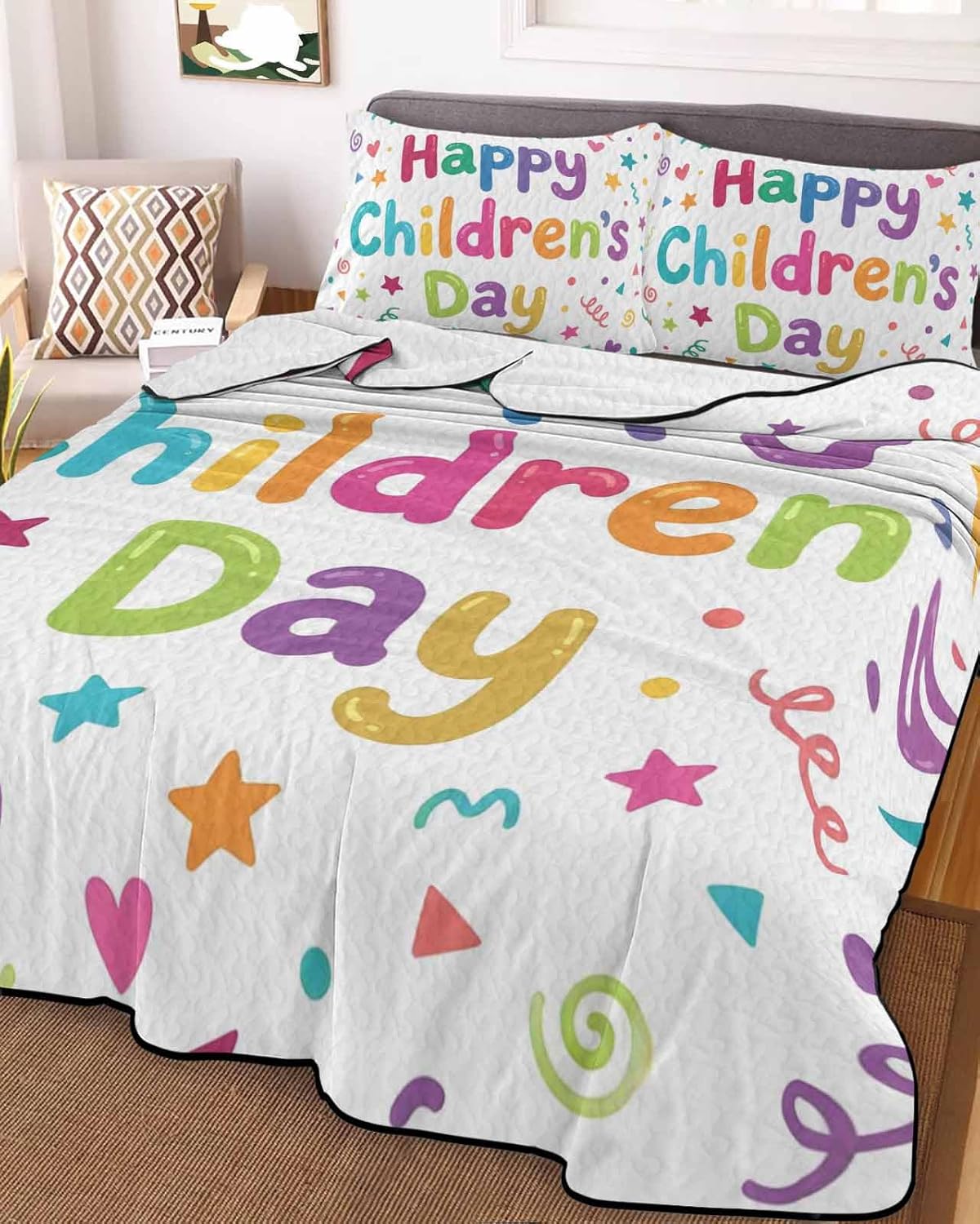Full Size Quilt Bedding Set, Happy Children's Day Lightweight Summer Quilt 3 Pieces Bedding Sets, Modern Ribbons Stars Love Hearts Reversible Soft Bedspreads Coverlets with 2 Pillow Shams