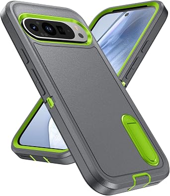 for Google Pixel 9 Pro XL Case 6.8 inch with Kickstand Case 3-Layer Military Grade Protective Case Cover Silicone Shockproof for Google Pixel 9 Pro XL Phone Case Gray+Green