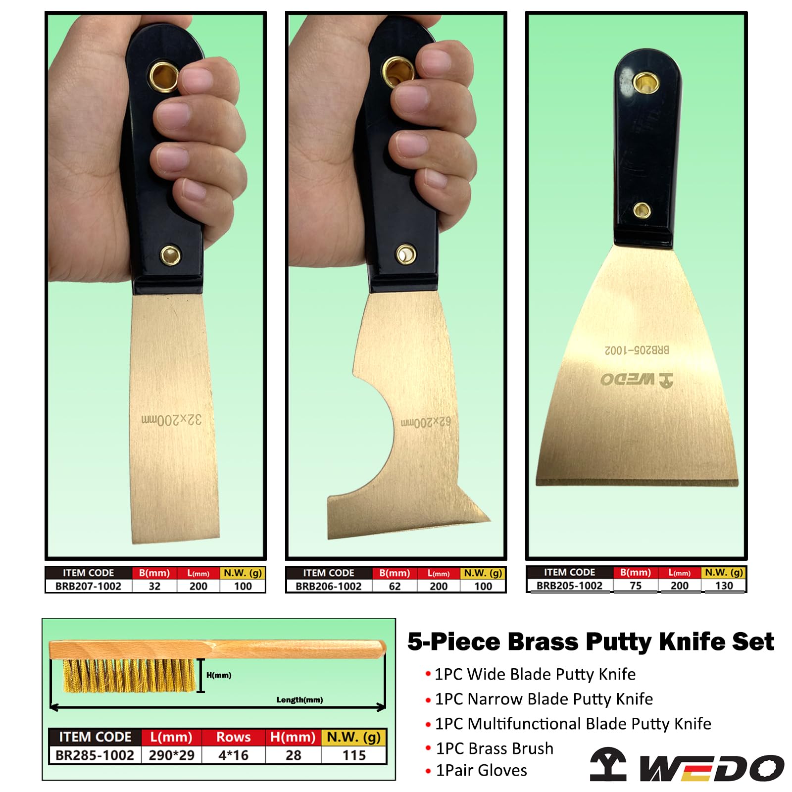 WEDO Set di 5 coltelli da stucco in ottone, lama larga 7,6 cm + lama multifunzione 6,3 cm + lama stretta 3,8 cm, raschietto per vernice con manico in bachelite, spazzola metallica in ottone da 28 cm,