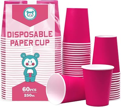 60Pcs 8oz Disposable Paper Cups For Party Picnic BBQHot Pink