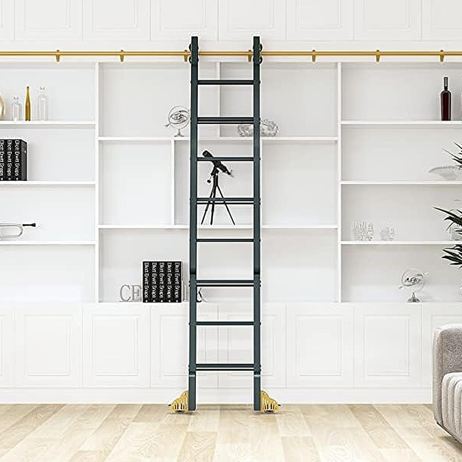 Sliding Library Ladder Track Heavy Duty Barn Door Sliding Kit Rolling Ladder Track Rail for Loft Office, Mobile Ladder Track Kit Slide Rails, 3.3-24ft, Golden(One Color 12ft/366cm Track kit)