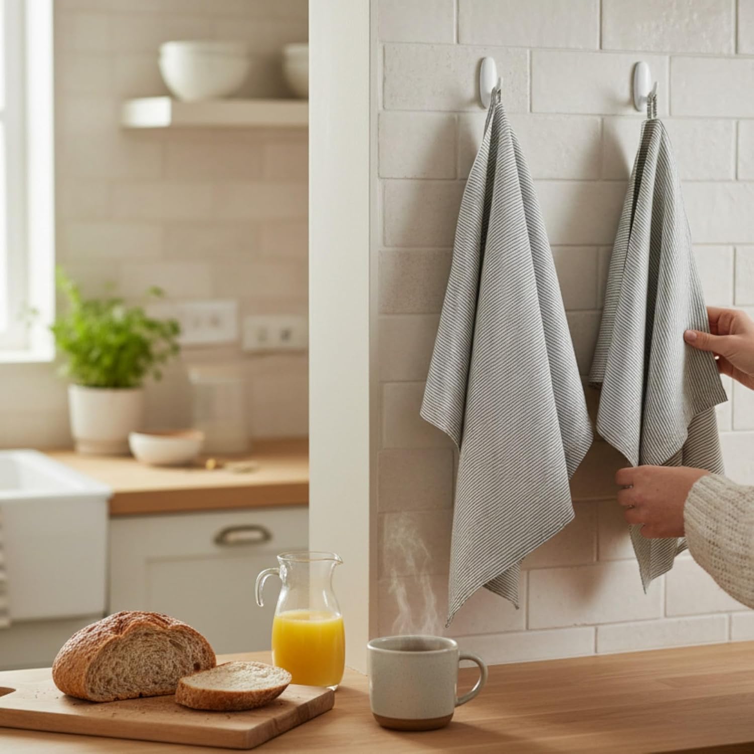 Stonewashed Linen Kitchen Dish Towels - 20 x 27 inch – 100% Pure Linen Tea Towel/Hand Towel - Set of 2 (Black Pinstripe)
