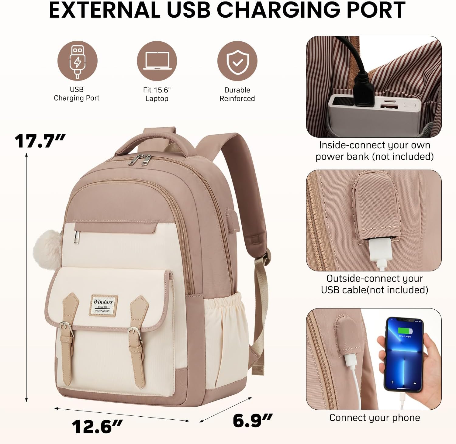 WINDARS Student Laptop Backpack for College Teen Girls, Cute Middle High School Bag Women Bookbag Large Travel Back Pack Fit 15.6 Inch Laptop (Khaki Beige)