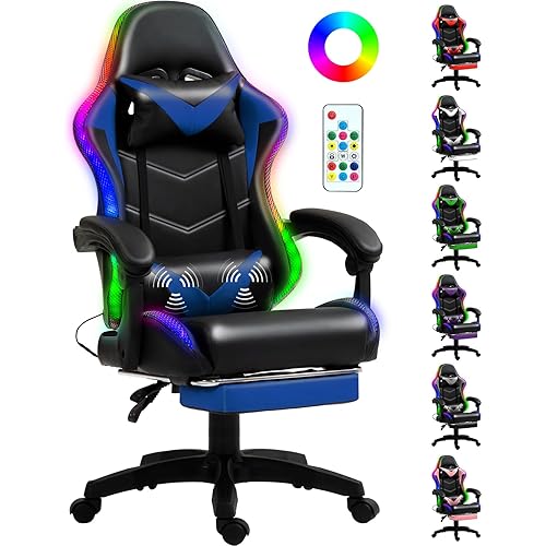 Gaming Chair, Racing Style RGB LED Lights Gaming Chairs for Adults and Kids, Lumbar Massager Gamer Chair, High Back Reclining Computer Chair with Footrest and Headrest (Black/Blue)