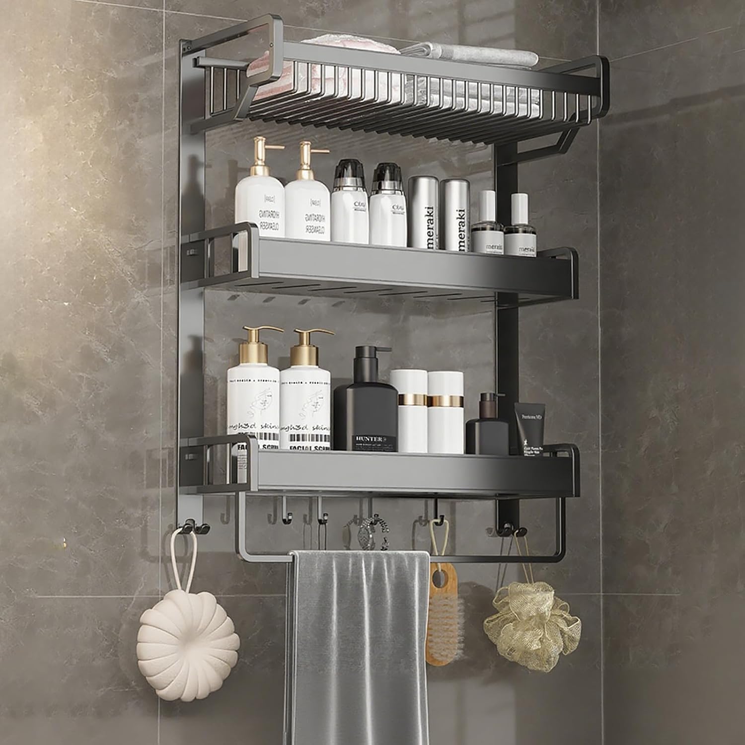 3-Tier Wall Mounted Bathroom Storage Rack - Stylish Metal Shelf with Towel Bar & Hooks for Kitchen & Bathroom Organization, Space-Saving Home Decor, Functional Storage Solution