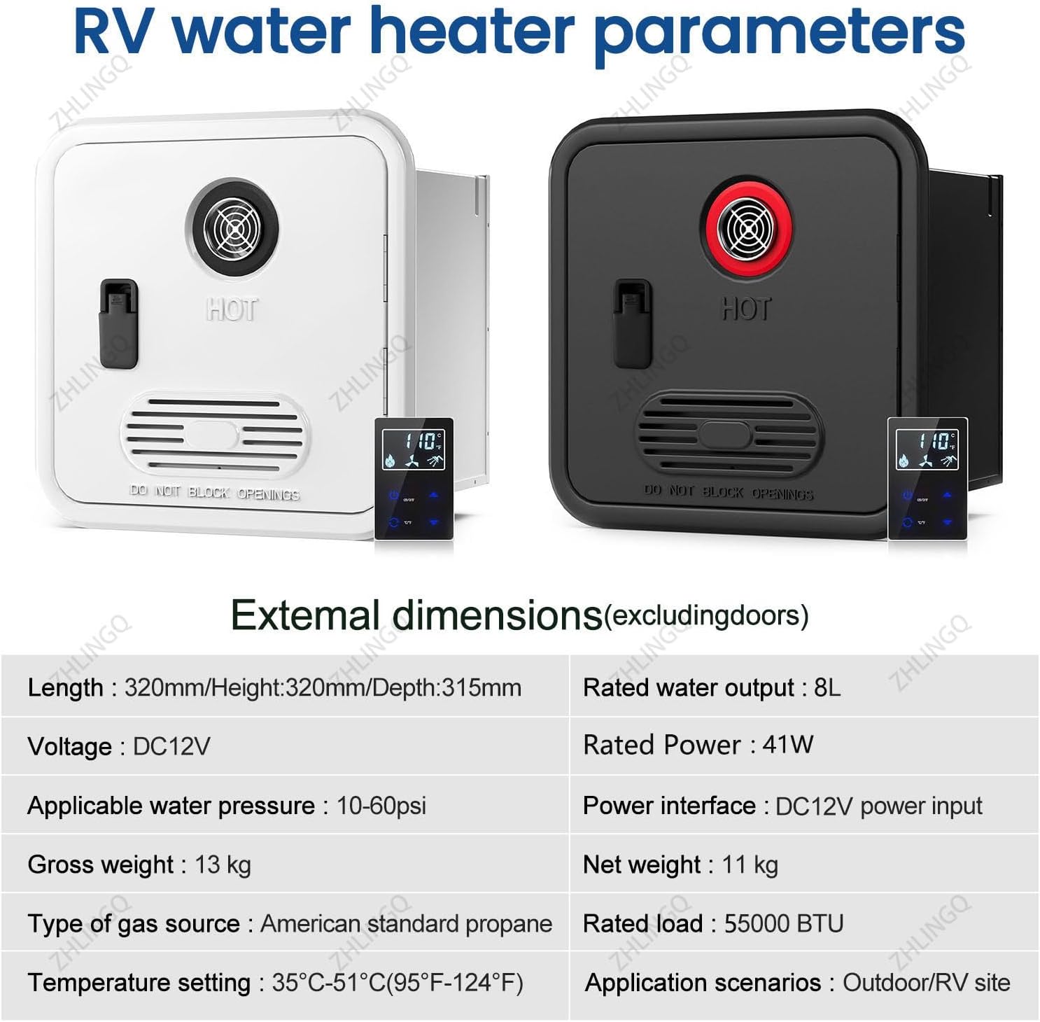 RV Tankless Water Heater, On Demand Instant Propane Gas Rv Instant Hot Water Heater with Remote Controller, 15 X 15 Inch Door, DC 12V, 2900m High Altitude Available, For Camper WithShowerHead-Black