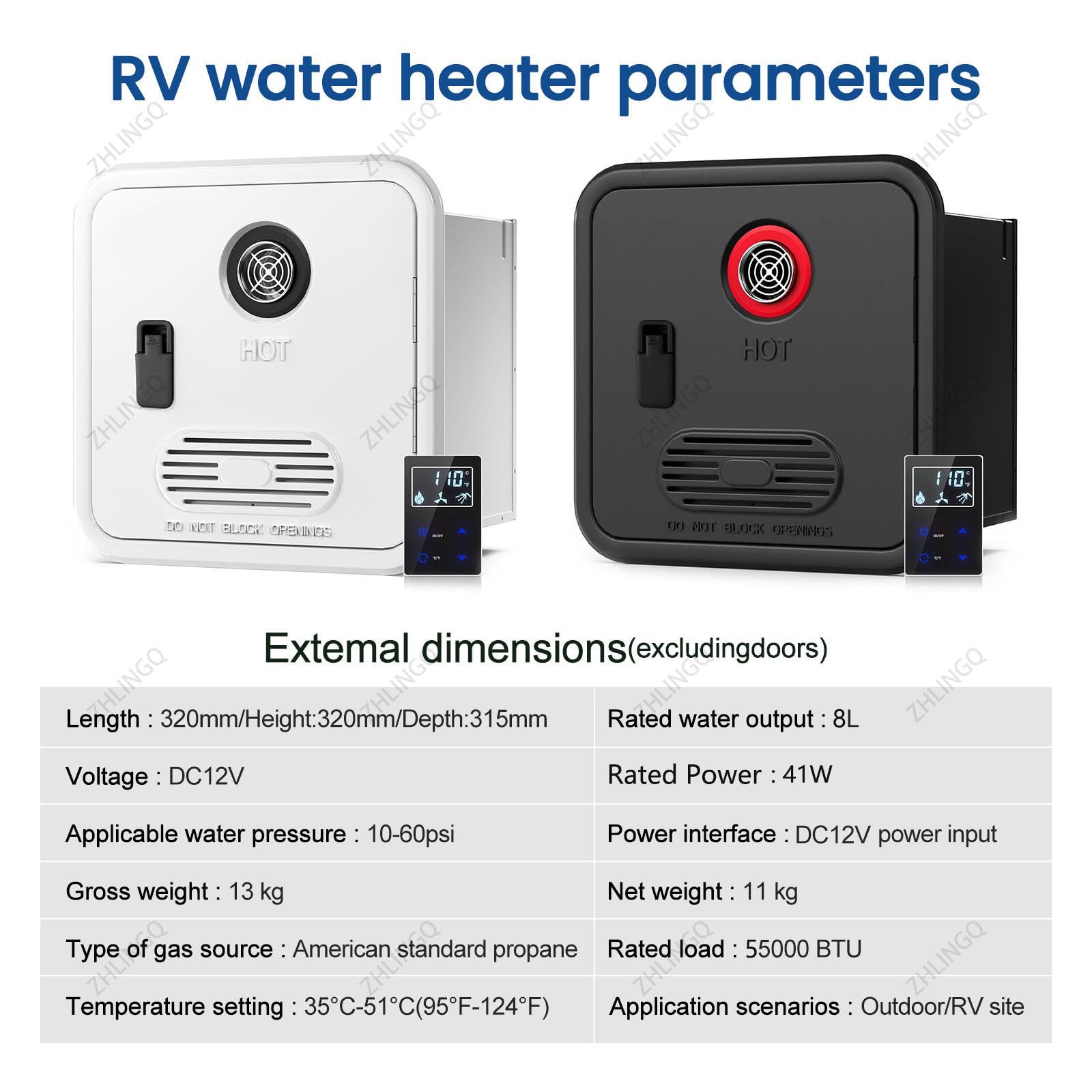 Calentador De Agua Instantáneo a Gas Propano Para Vehículos Recreativos 55,000 Btu, Con Control Remoto, 12 V, 3.9 Gpm, Compatible Con Todos Vehículos Recreativos Y Autocaravanas NoShowerHead-Black