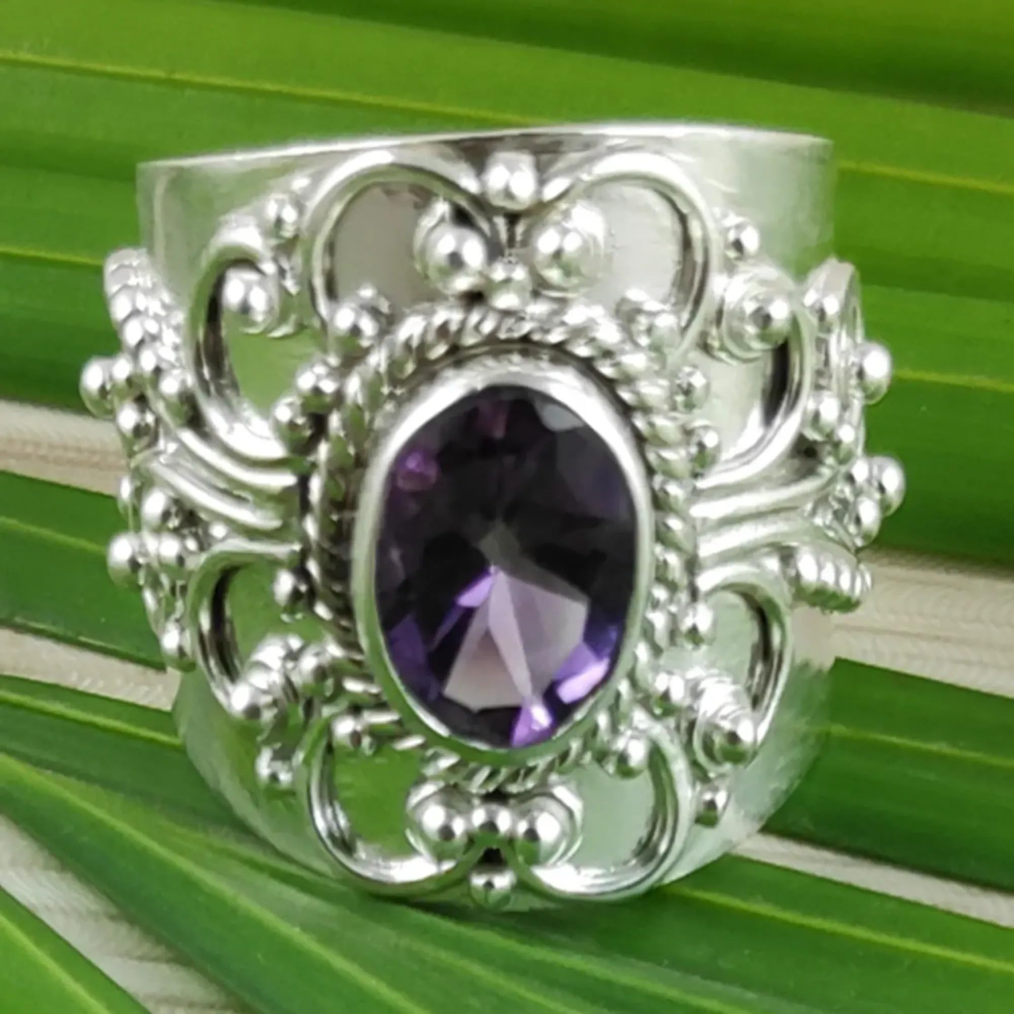 Amethyst-Stein-Silberring | 925 Sterling Silber Handgefertigter Statement-Versprechensring für Frauen | Natürlicher Edelstein Boho Schmuck | Geburtsstein Februar | Geschenk für Sie