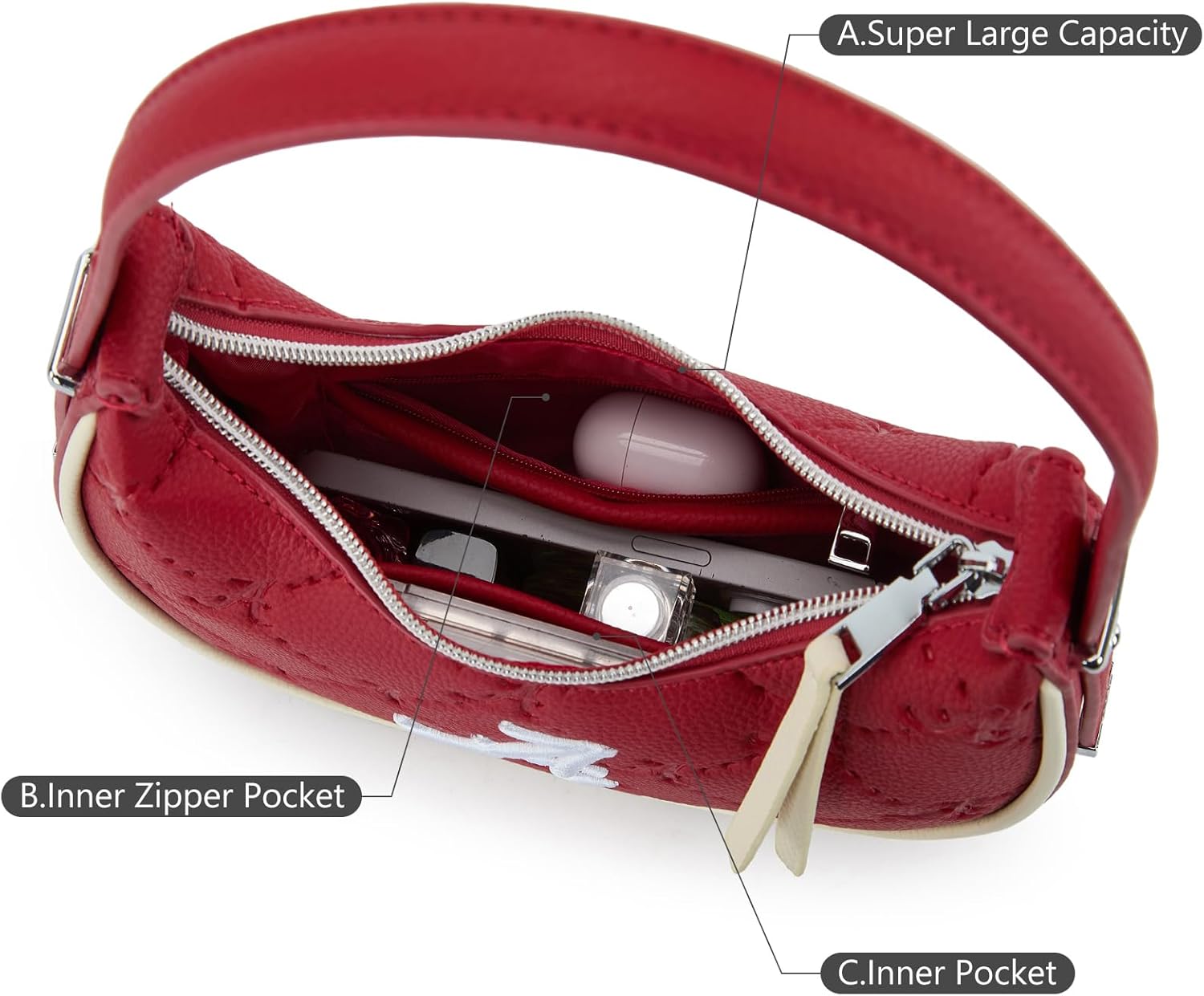 NCAA Crescent Shoulder Bag for Women - Stadium Approved Bags, Leather Underarm Purse with Zipper Closure for Game Day | NCAA Fans Bags