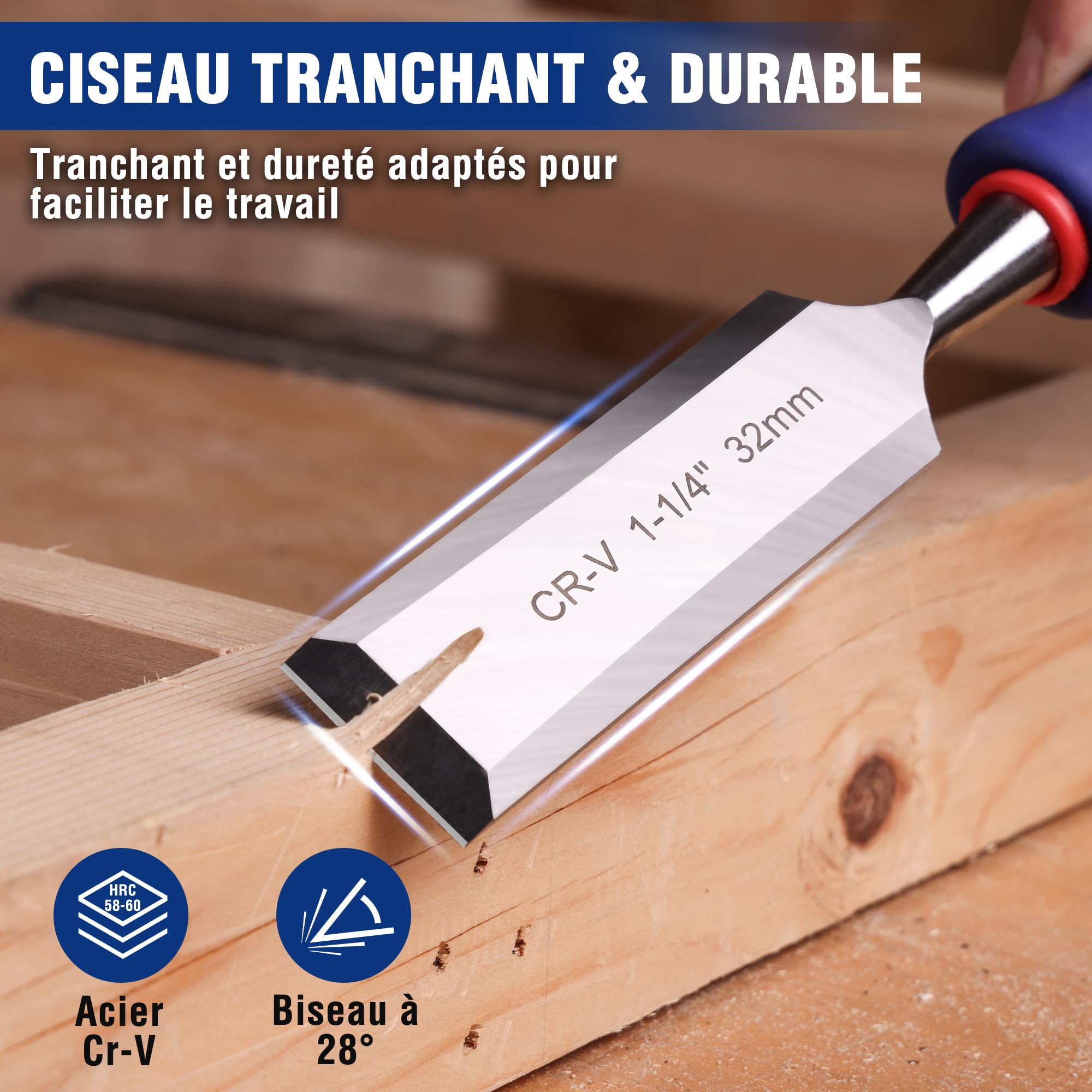 WORKPRO Jeu de 10 Ciseaux à Bois 6/13/19/25/32/38 mm avec Guide d’Affûtage, Pierre à Aiguiser et 2 Crayons, Coffret Ciseaux à Bois avec Manche Ergonomique pour Menuiserie, Sculpture, Travail du Bois