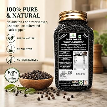 Farm Royale Premium Black Pepper/Kaali Mirch Whole -1+1 Combo- (200gm & 200gm) | 100% Natural, Pure, and Fresh Culinary Delight with eco friendly reclyble food grade jar