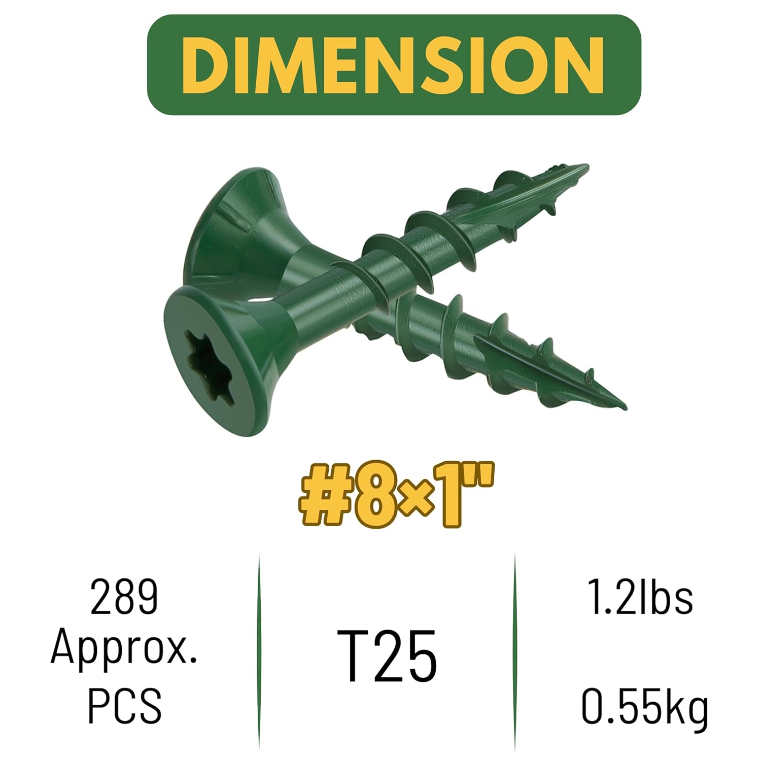 WELLOCKS Deck Screws, Wood Screws Superior Rust Resistant, Epoxy Coated, Above 1000 Hour Salt Spray Coating T25 Torx Star Bit Included for Outdoor Wood Fence (1.2LBS Green, #8×1")