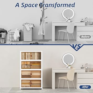 SAILUN 674QT/168Gal Stackable Storage Bins with a Lid, Collapsible Storage Bins With Doors, Folding Cabinet for Home Closet Organization,4 Pack-30 W x 19.7 D x 65.9 H White