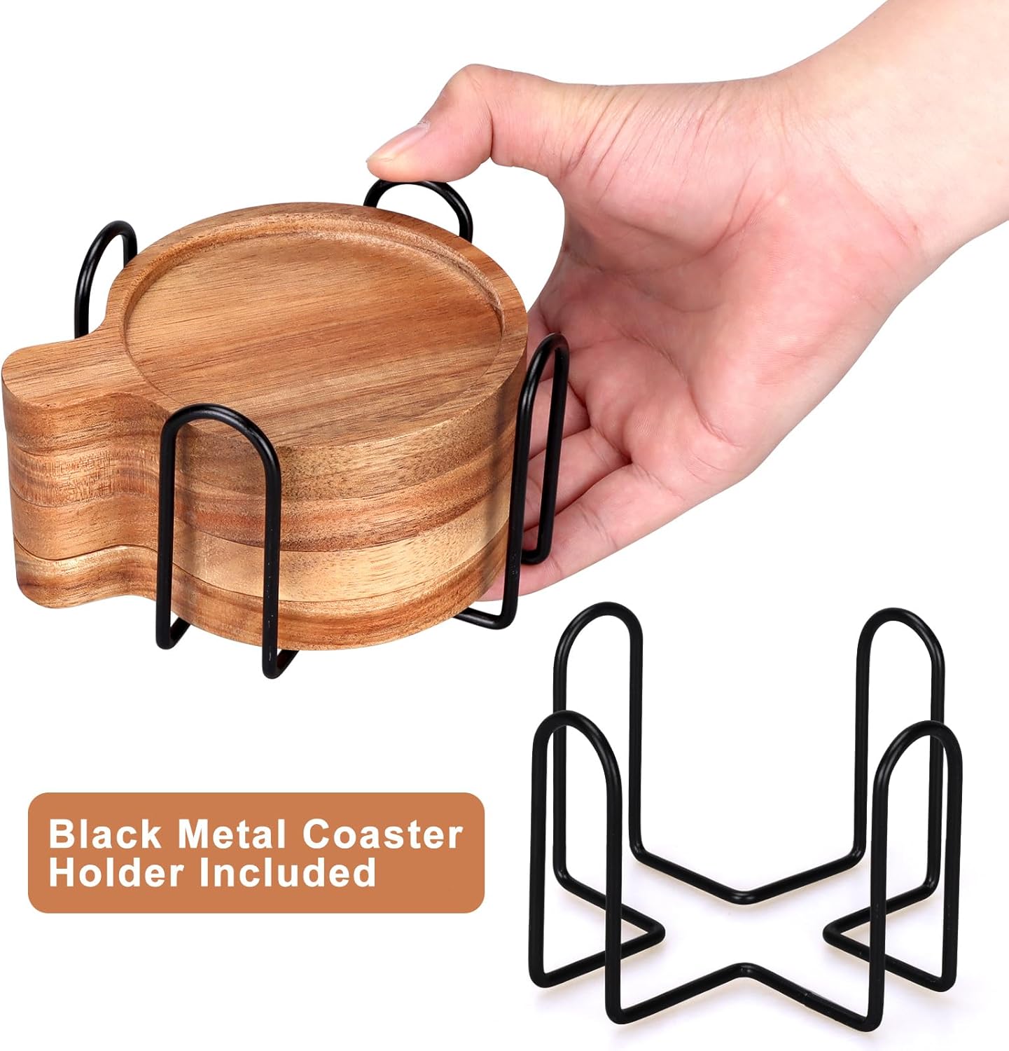 Best Wooden Handle Coasters Set of 4 with Holder Coffee Table Decor Acacia Wood Coaster for Living Room Modern Cup Coaster for Drink Home Kitchen Dining Accessories Bar Farmhouse Outdoor Decorative - Image 3