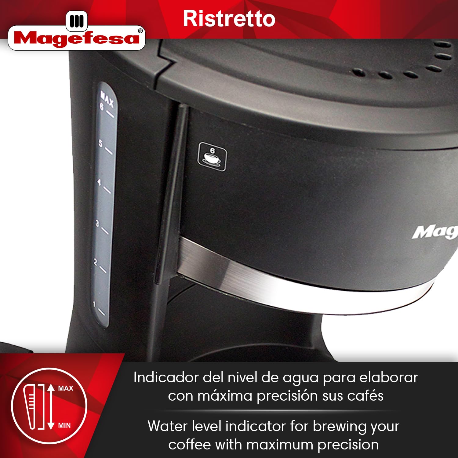 Magefesa Ristretto 600 - Caffettiera Elettrica da 6 Tazze, 600W, Sistema Anti-goccia, Filtro Rimovibile, Protezione da Surriscaldamento, Doppia Chiusura