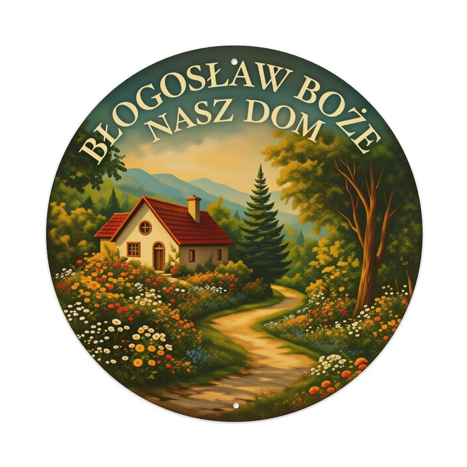 Countryside House Path Flowers Trees Round Tin Sign Vintage Style Metal Sign Home Bar Garden Wall Plaque Decor Metal Poster 8x8 Inch