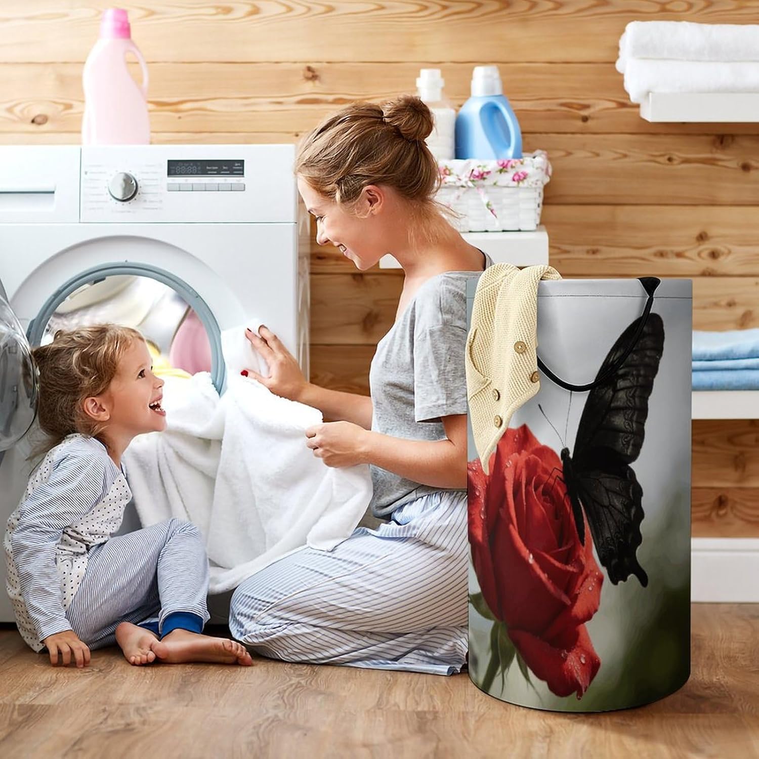 Black Butterfly Laundry Hamper 86L Waterproof Collapsible Clothes Basket with Double Handles Freestanding Foldable Laundry Basket Large Clothes Hamper for Bathroom