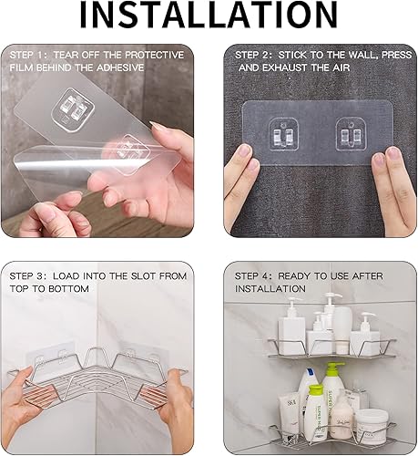 Miniatura 4 de FABROK Organizador de ducha esquinero, estante de ducha montado en la pared con adhesivo fuerte sin perforar, estantes esquineros de acero