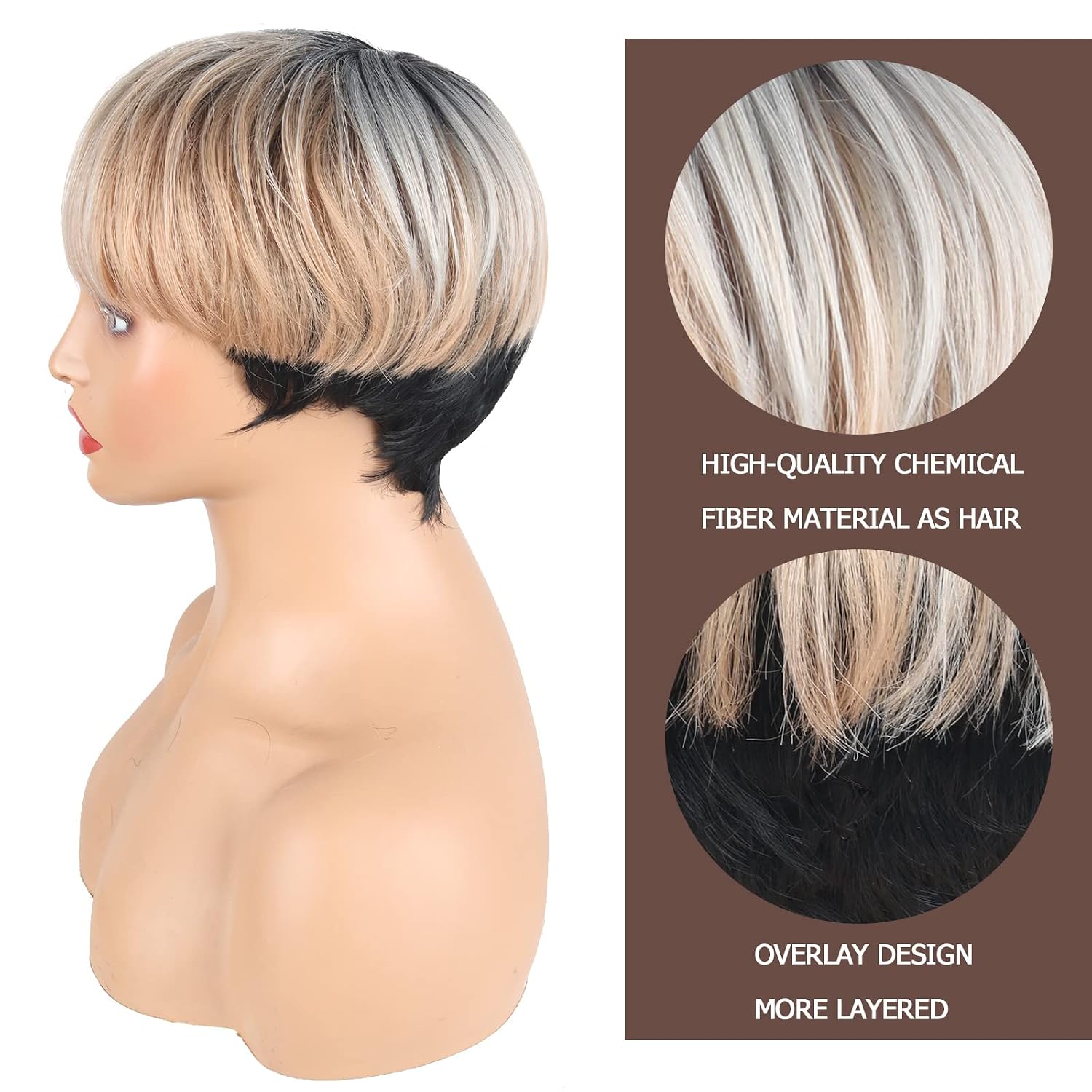 LEOSA Pixie Cut Wigs with Bangs for Black Women,Short Ombre Grey Bob Wigs Brown Mixed Black Color Synthetic Natural Straight Highlight Blonde Brown Fluffy Layered Hair Wig (Mix Blonde and Gold Color)