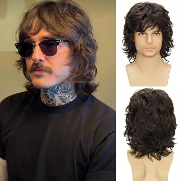 Mens Short Brown Layered Curly Wig, Natural Fluffy Synthetic Full Hair Wigs for Daily Wear, Party, Halloween Costume & Cosplay