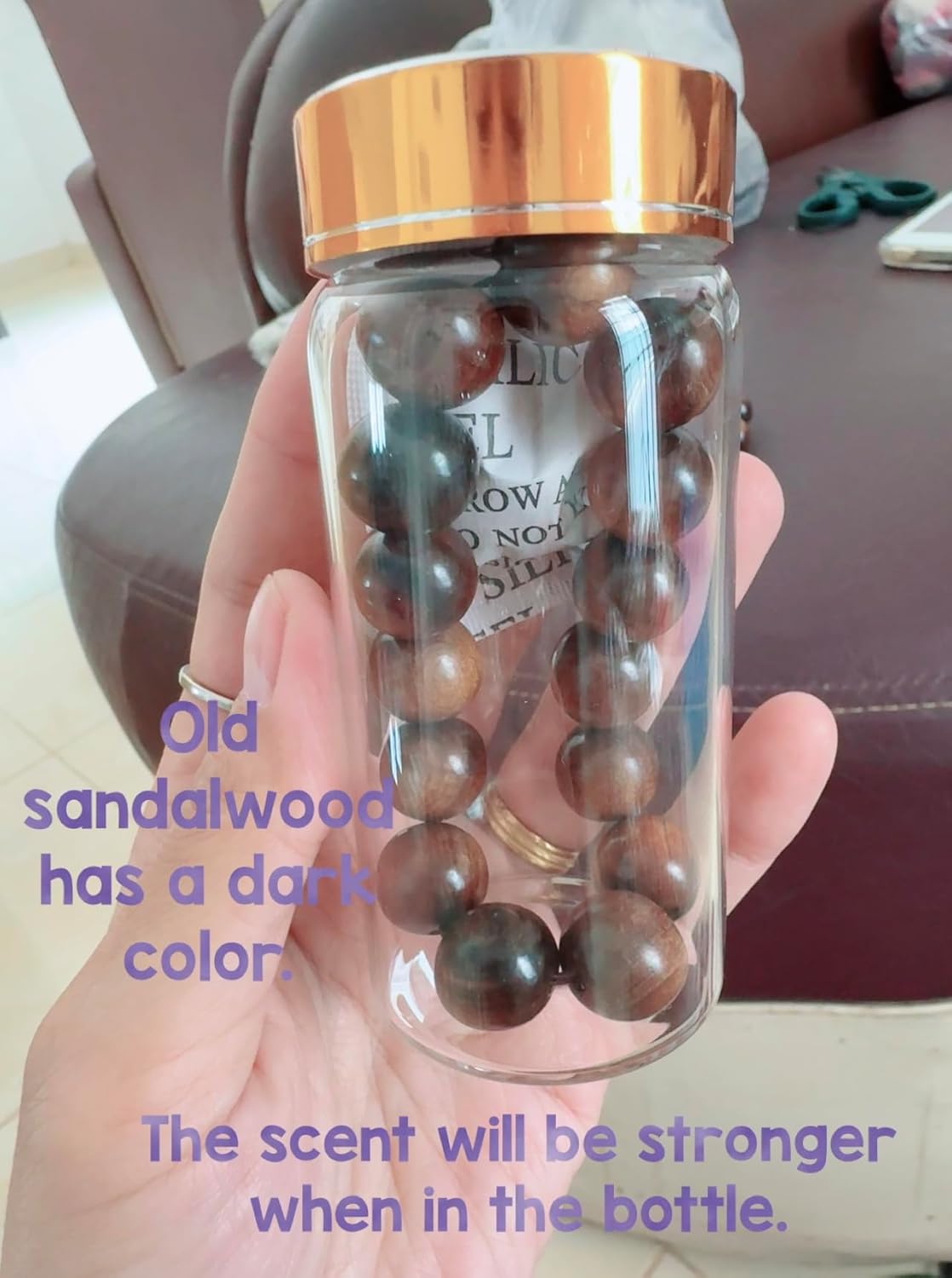 Asia Sandalwood mala Prayer Beads Bracelet with Glass Bottle, Handmade Natural Wood Bracelet for Gift – Real Fragrant Wood – Rare Natural Aroma 14mm - Image 5