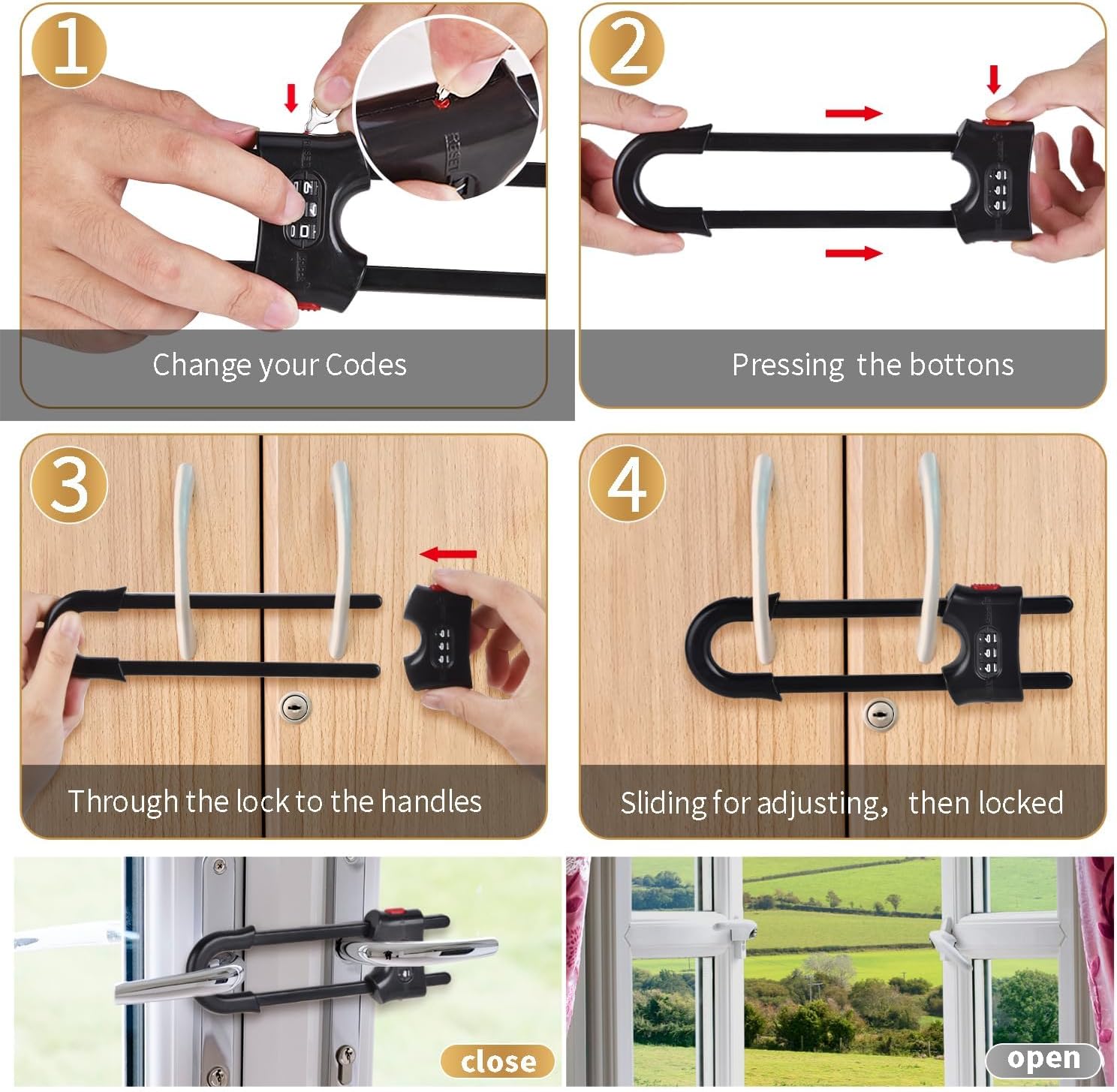 4 Packs Cabinet Locks U Shaped Sliding Cabinet Lock Baby Proofing Safety Locks with Combination Adjustable Childproof Latches for Adults, Handles on Kitchen Doors and Home Drawers Closet (Black)