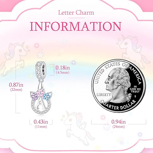 Miniatura 4 de TOMXUN Dijes de letras para pulsera plata de ley 925 con iniciales de unicornio para pulseras y collares con circonita cúbica, dije del alfabeto,