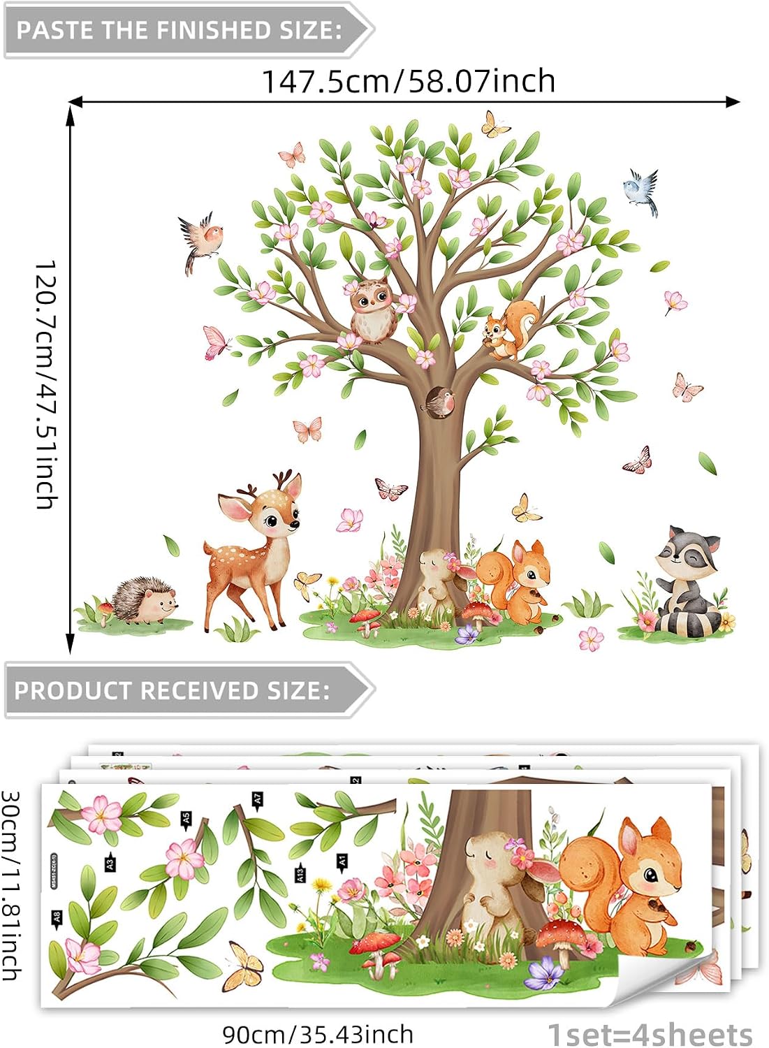 Jungle Animal Tree Wall Stickers - Deer Squirrel Owl Hedgehog Peel & Stick Removable Floral Butterfly Decal for Baby Nursery Kids Bedroom Bathroom Living Room Wall Decor,120.7 cm x 147.5 cm