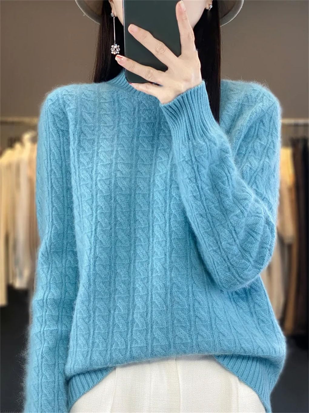 Maglione invernale da donna in lana, spesso, caldo, con collo a lupetto intrecciato