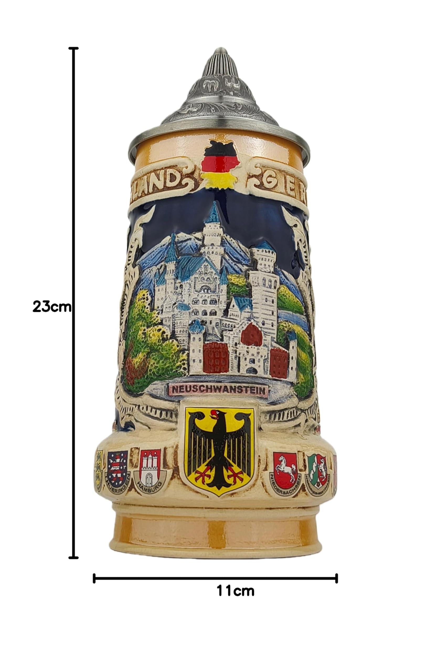 Jarra de cerveza alemana con tapa, 0,7 l, jarra de piedra tradicional con diseño de Neuschwanstein, cuerda de cerveza hecha a mano para fiesta, hogar y colección, regalo para hombres, padres