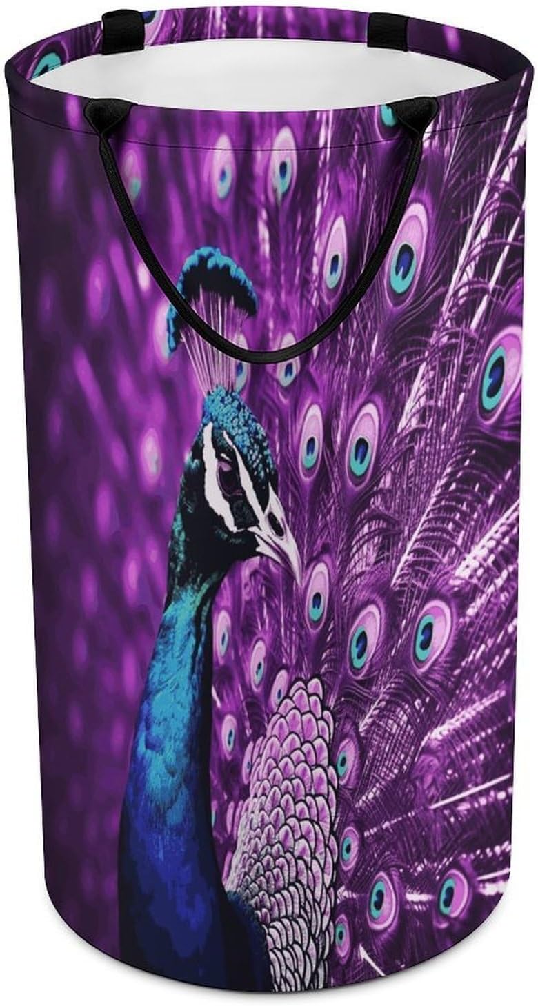 Purple PeacockLaundry Hamper - Large Dirty Clothes Bag.Storage Basket for Easy Carry Handles. Large Clothes Basket with Handles, Clothing Storage Bucket Toy Organizer for Bathroom Bedroom Dorm.