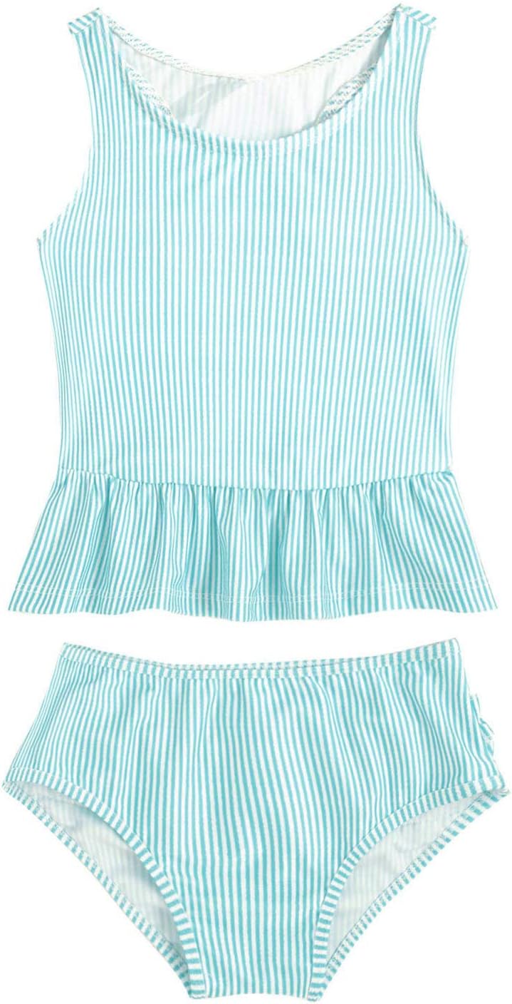 TTAO Kid Girls Tankini Set Stripe Printed Swimsuits Sleeveless Swimwear 2Piece Bathing Suits